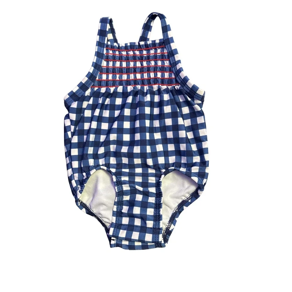 NEW Cat & Jack Gingham Smocked One Piece Swimsuit Navy/White Size 3-6M